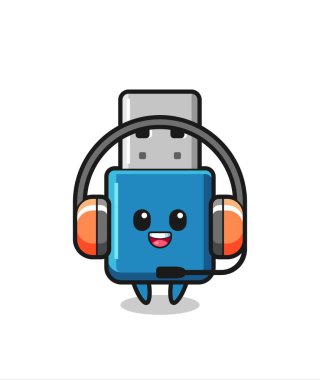 Flaş bellek usb 'un bir müşteri servisi olarak karikatür maskotu tişört, etiket ve logo elemanı için şirin bir tasarım.