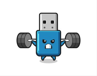 Flaş bellek usb maskot çizgi filmi, halterli, tişört, çıkartma, logo elementi için şirin bir tasarım.