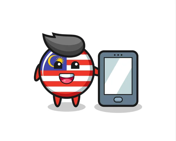 Malaysia Bandera Insignia Ilustración Dibujos Animados Con Teléfono Inteligente Lindo — Vector de stock