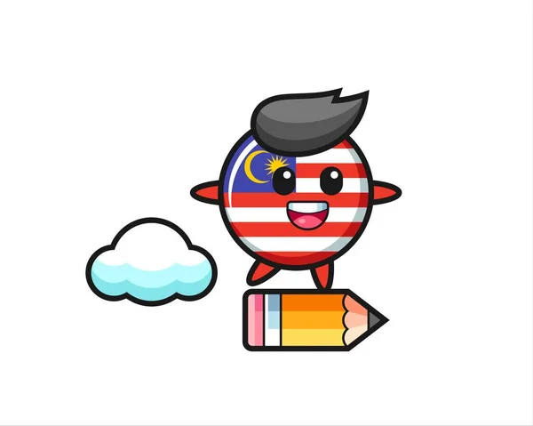 Malaysia Flag Badge Mascot Illustration Riding Giant Pencil Cute Style — Stock Vector