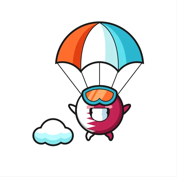 Qatar Flagga Badge Maskot Tecknad Skydiving Med Glad Gest Söt — Stock vektor