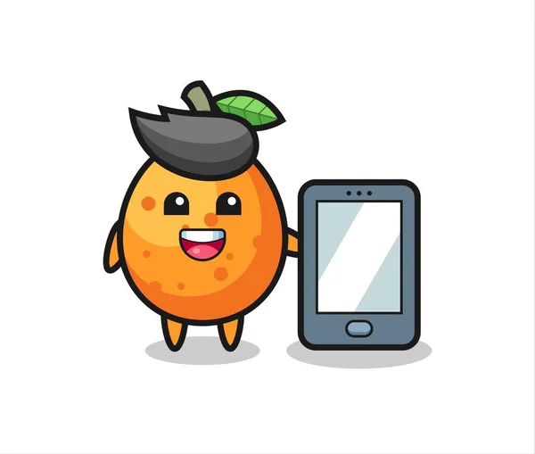 Desenho Animado Ilustração Kumquat Segurando Smartphone Design Estilo Bonito Para — Vetor de Stock