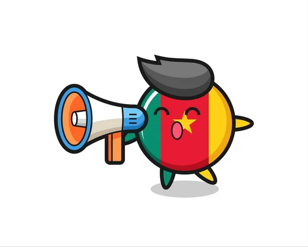 Kamerun Flagga Badge Karaktär Illustration Håller Megafon Söt Stil Design — Stock vektor