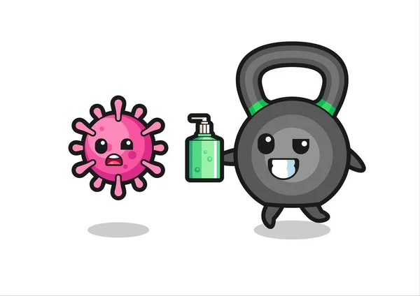 Illustration Kettleball Character Chasing Evil Virus Hand Sanitizer Cute Style — Stock Vector