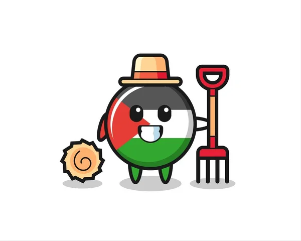Maskotský Charakter Odznaku Palestinské Vlajky Jako Farmář Roztomilý Styl Designu — Stockový vektor