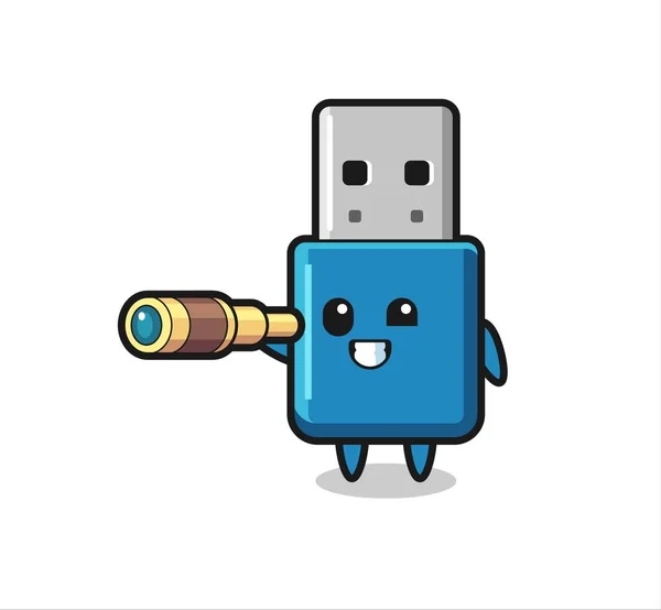 Cute Flash Drive Usb Karakter Memegang Teleskop Tua Desain Gaya - Stok Vektor