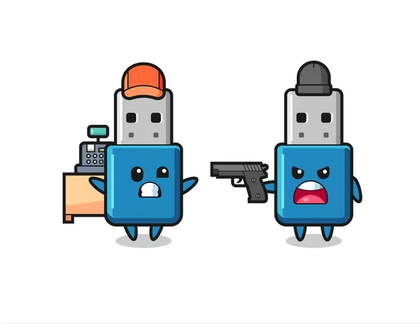 Ilustración Unidad Flash Lindo Usb Como Cajero Señala Arma Ladrón — Archivo Imágenes Vectoriales