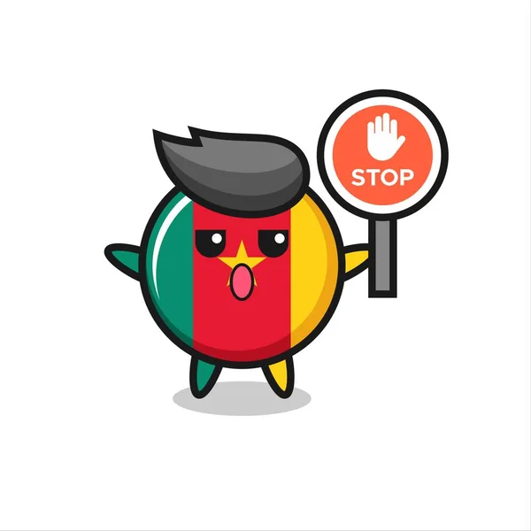 Cameroon Flag Badge Character Illustration Holding Stop Sign Cute Style — 스톡 벡터