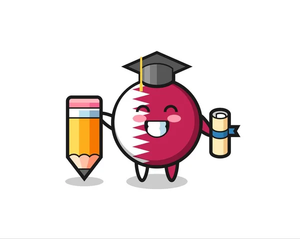 Qatar Flag Badge Illustration Cartoon Graduation Giant Pencil Cute Style — Stock Vector