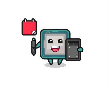 Grafik tasarımcısı olarak işlemci maskotu tasviri, tişört, etiket, logo elementi için şirin tasarım