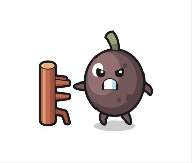 Karate dövüşçüsü olarak siyah zeytin karikatürü çizimi, tişört, etiket, logo elementi için şirin bir tasarım.
