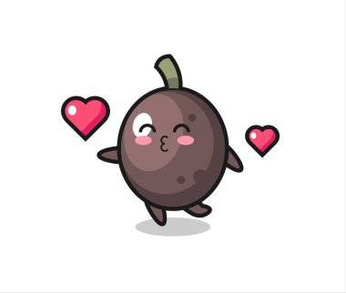 Öpücük jestli siyah zeytin karakteri, tişört, çıkartma, logo elementi için şirin bir tasarım.