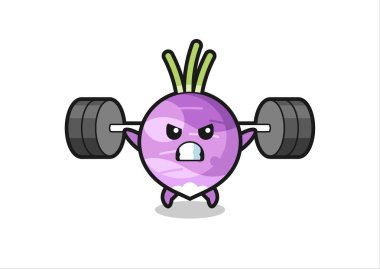 Halterli şalgam maskotu çizgi filmi, tişört, çıkartma, logo elementi için şirin bir tasarım.