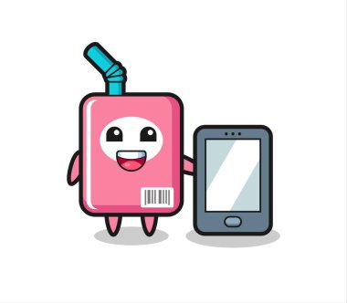 Süt kutusu illüstrasyon karikatürü. Elinde akıllı telefon var. Tişört, çıkartma, logo elementi için şirin bir tasarım.