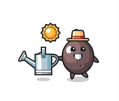 Siyah zeytin tenekesinin çizgi film karakteri, tişört, çıkartma, logo elementi için şirin bir tasarım.