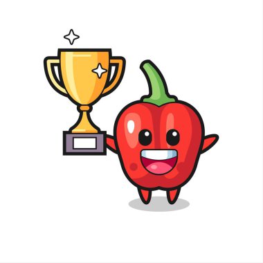 Kırmızı dolma biberin çizgi filmdeki hali altın kupayı kaldırmaktan mutlu.