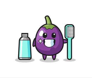 Diş fırçalı patlıcan maskotu tasarımı, tişört, etiket, logo elementi için şirin bir tasarım.