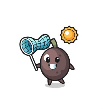 Siyah zeytin maskotu illüstrasyonu kelebek yakalıyor. Tişört, çıkartma, logo elementi için şirin bir tasarım.