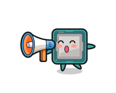 T-shirt, etiket, logo ögesi için sevimli bir tasarım olan megafon tutan işlemci karakter çizimi