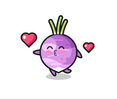 Şalgam karakteri, öpüşme hareketi, tişört, çıkartma, logo elementi için şirin bir tasarım.