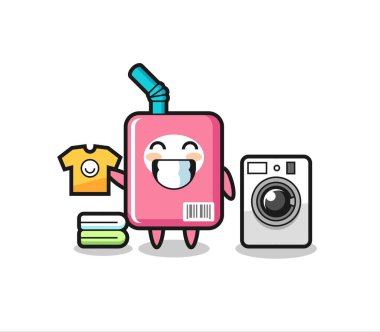 Çamaşır makinesi olan maskot süt kutusu karikatürü, tişört, çıkartma, logo elementi için şirin bir tasarım.