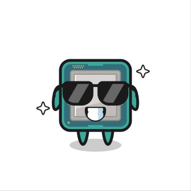 Havalı jestli çizgi film işlemcisi maskotu, tişört, etiket, logo elementi için şirin bir tasarım.