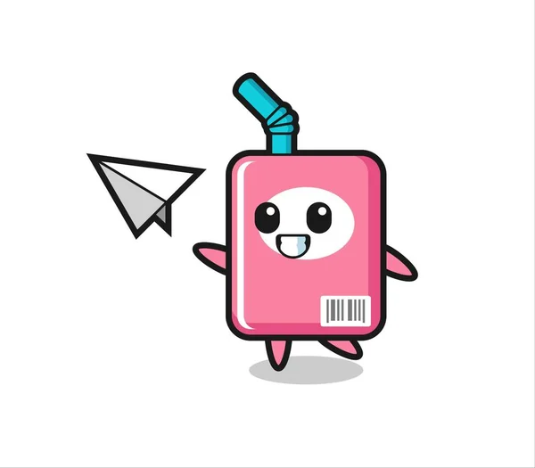 Dibujos Animados Caja Leche Personaje Lanzando Avión Papel Lindo Diseño — Vector de stock