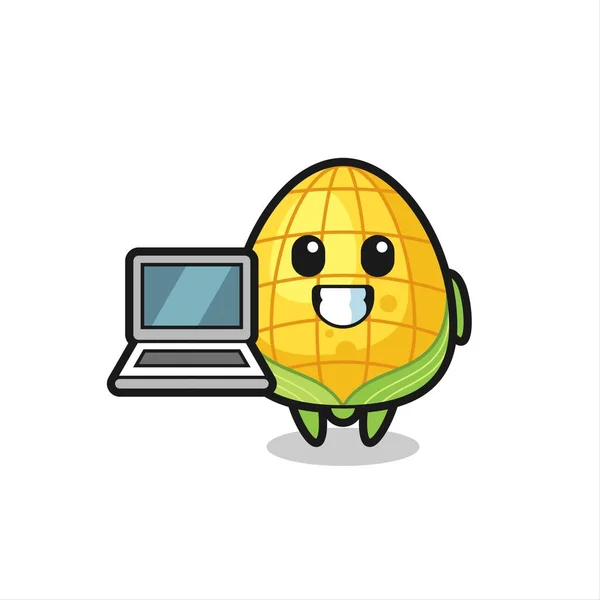 Mascota Ilustración Maíz Con Una Computadora Portátil Lindo Diseño Estilo — Vector de stock