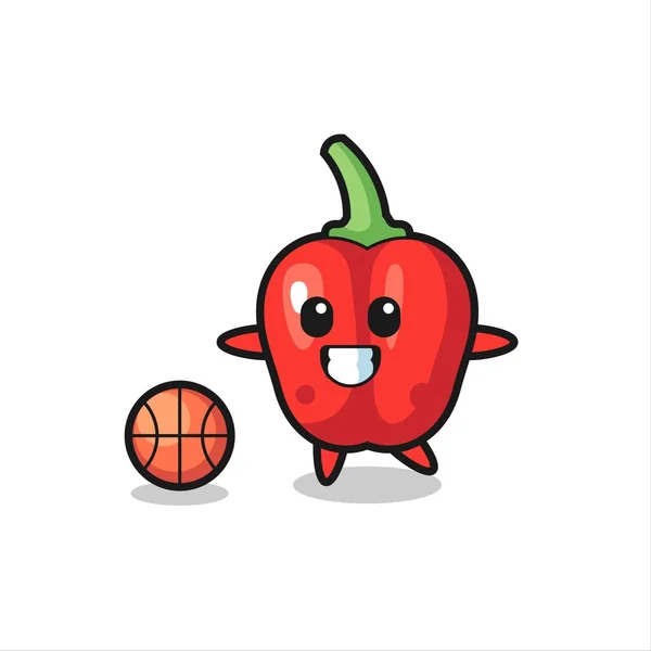 Illustration Röd Paprika Tecknad Att Spela Basket — Stock vektor