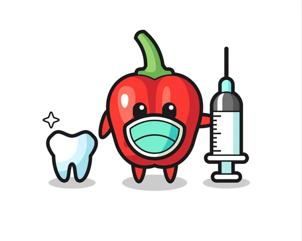 Carácter Mascota Del Pimiento Rojo Como Dentista — Vector de stock