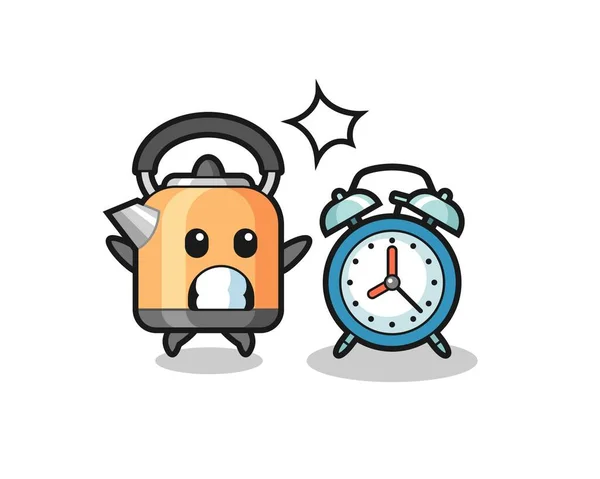 Cartoon Illustration Kettle Surprised Giant Alarm Clock Cute Style Design — Stock Vector