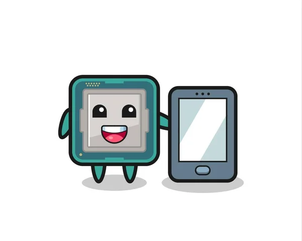 Prozessor Illustration Cartoon Hält Ein Smartphone Niedlichen Stil Design Für — Stockvektor