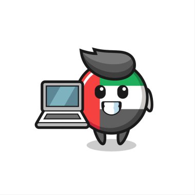 Dizüstü bilgisayarlı uae bayrak rozeti maskotu tasarımı, tişört, etiket, logo elementi için şirin tasarım.