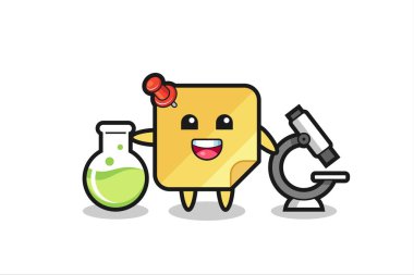 Bir bilim adamı olarak yapışkan notun maskot karakteri, tişört, çıkartma, logo elementi için şirin bir tasarım.