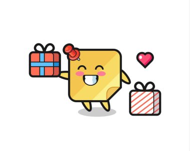 Tişört, çıkartma, logo elementi için şirin bir tasarım, hediye veren yapışkan bir maskot çizgi filmi.