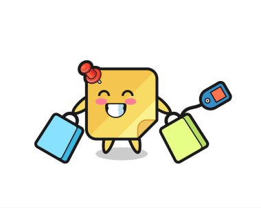 Alışveriş çantası tutan yapışkan bir maskot karikatürü. Tişört, çıkartma, logo elementi için şirin bir tasarım.