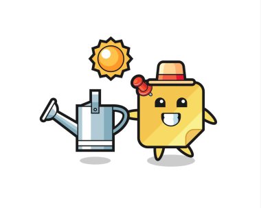 Yapışkan notun çizgi film karakteri elinde sulama kutusu, tişört, etiket, logo ögesi için şirin bir tasarım.