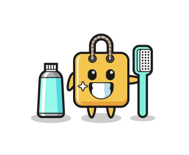 Diş fırçası ile alışveriş çantasının maskot resmi, tişört, etiket, logo elementi için şirin bir tasarım.