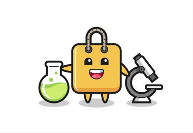 Bilim adamı olarak alışveriş çantasının maskot karakteri, tişört, çıkartma, logo elementi için şirin bir tasarım.