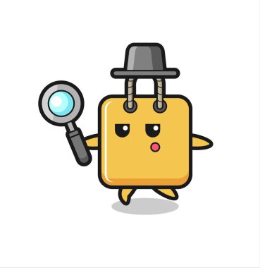 Alışveriş çantası çizgi film karakteri büyüteçle arıyor, tişört, etiket, logo elementi için şirin bir tasarım.