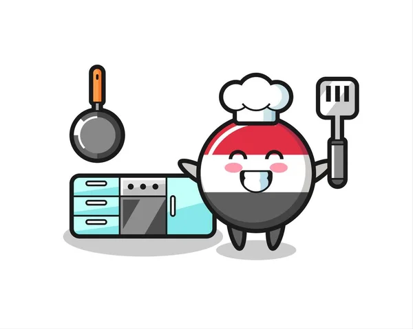 Yemen Flag Badge Character Illustration Chef Cooking Cute Style Design — ストックベクタ