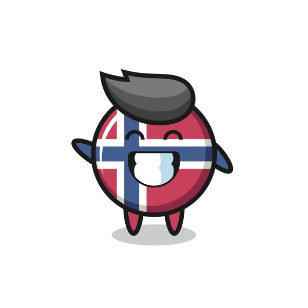 Norweska Flaga Plakietka Postać Kreskówek Robi Fala Ręka Gest Ładny — Wektor stockowy