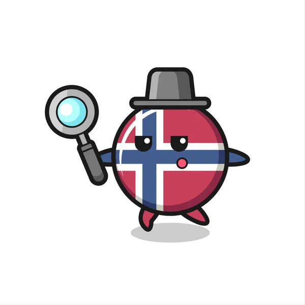 Norway Flag Badge Cartoon Character Searching Magnifying Glass Cute Style — Vector de stock