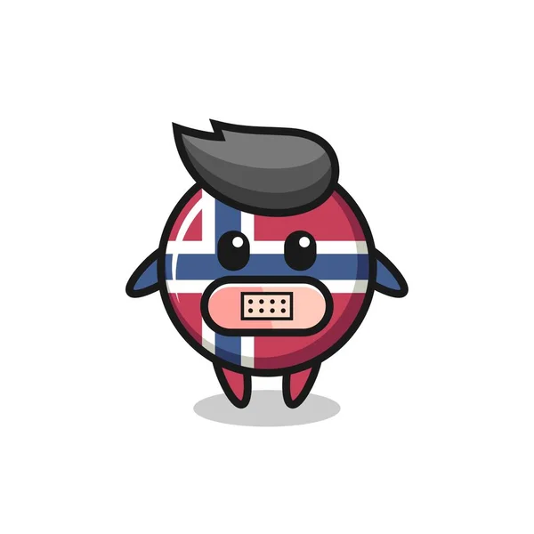 Kreskówka Ilustracja Norweskiej Flagi Odznaki Taśmą Ustach Ładny Styl Projekt — Wektor stockowy