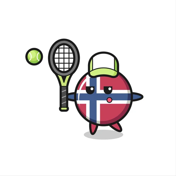 Cartoon Charakter Der Norwegischen Flagge Abzeichen Als Tennisspieler Niedliches Design — Stockvektor