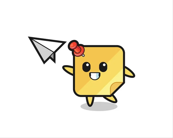 Sticky Note Cartoon Character Throwing Paper Airplane Cute Style Design — Vector de stock