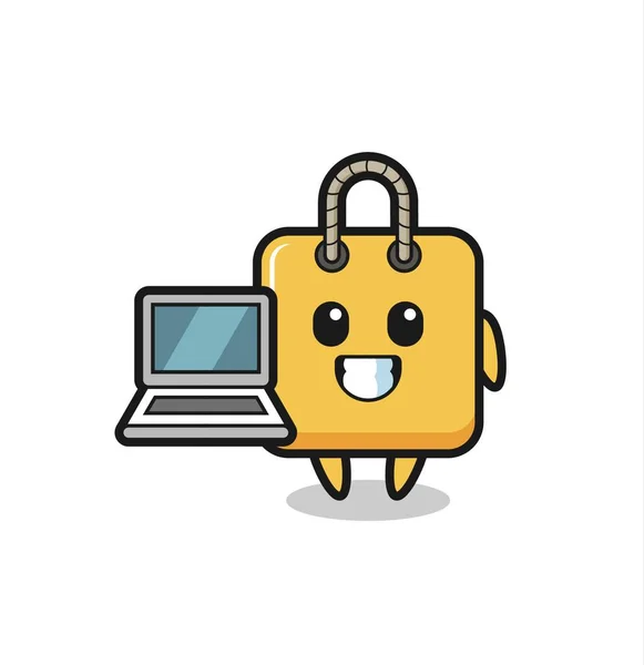 Mascotte Illustratie Van Boodschappentas Met Laptop Leuk Design Voor Shirt — Stockvector