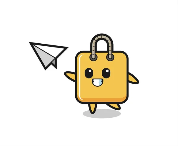 Shopping Bag Cartoon Character Throwing Paper Airplane Cute Style Design — Διανυσματικό Αρχείο