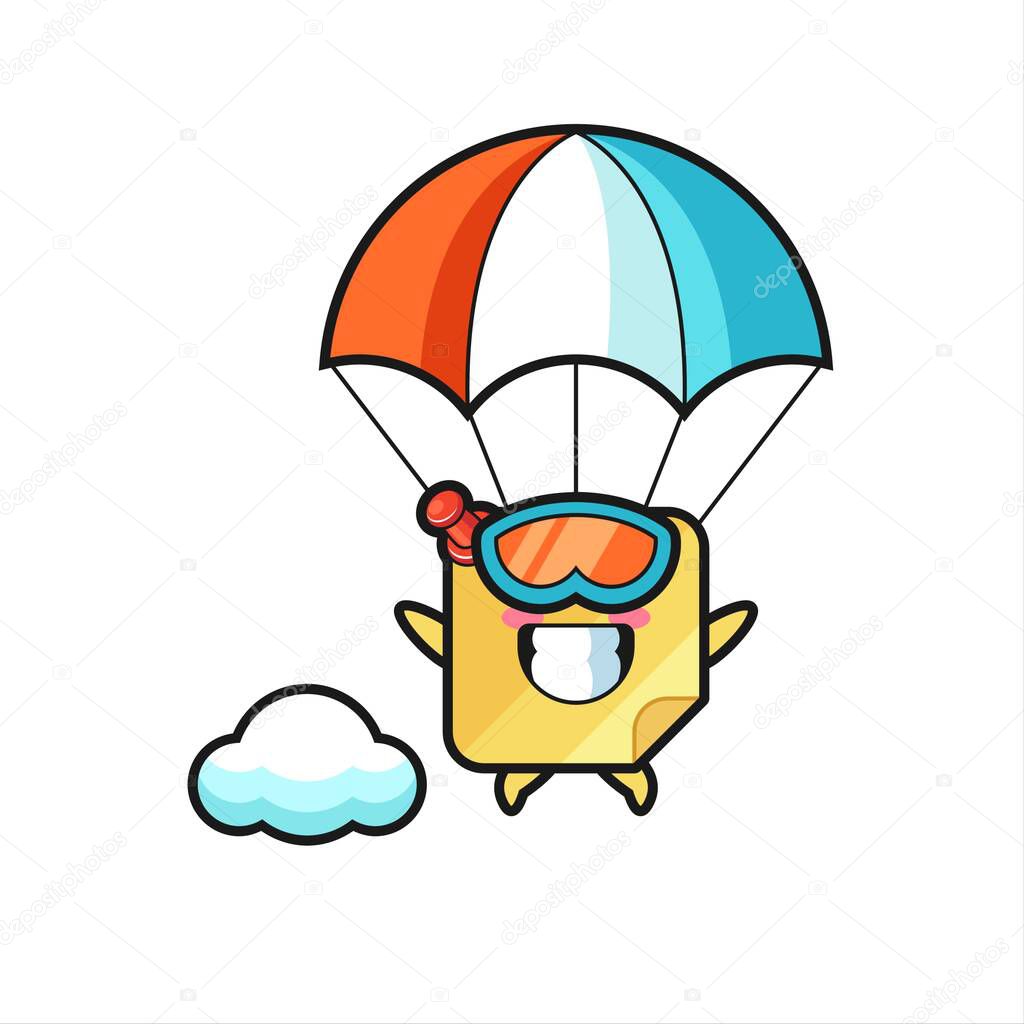 sticky note mascot cartoon is skydiving with happy gesture , cute style design for t shirt, sticker, logo element