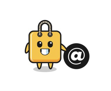 Sembolün yanında duran alışveriş çantasının çizgi film çizimi tişört, çıkartma ve logo elementleri için şirin bir tasarım.